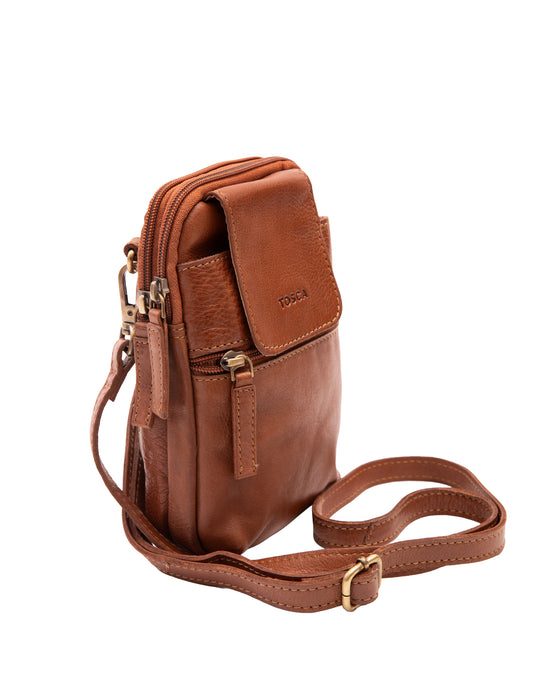 Leather Cross Body Phone Organiser - Tan