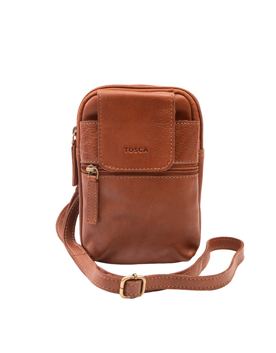 Leather Cross Body Phone Organiser - Tan