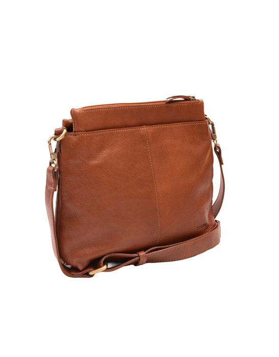 Leather Multi Zip Compartment Cross Body Bag - Tan