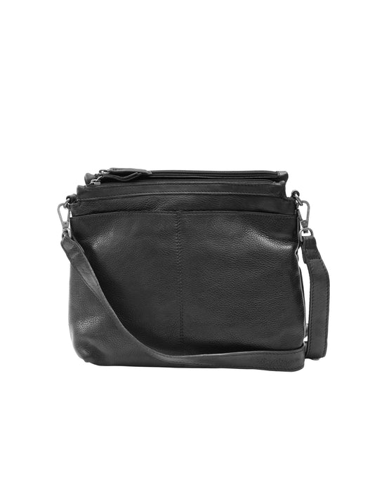 Leather Multi Zip Compartment Cross Body Bag - Black