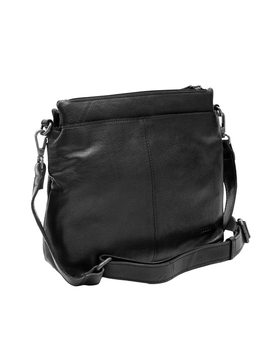Leather Multi Zip Compartment Cross Body Bag - Black