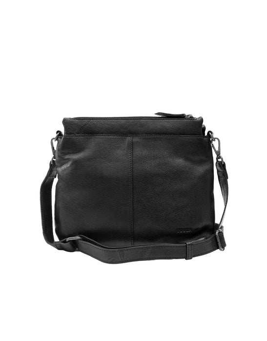 Leather Multi Zip Compartment Cross Body Bag - Black