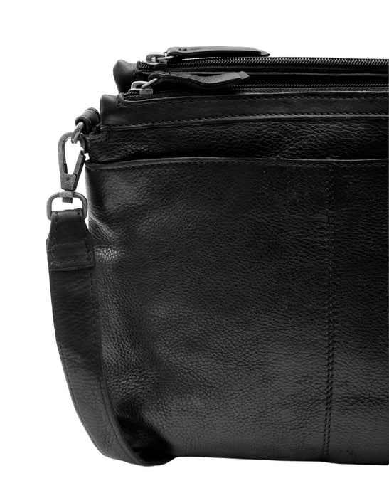 Leather Multi Zip Compartment Cross Body Bag - Black