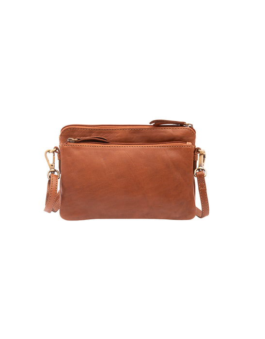 Small Leather Multi Zip Compartment Cross Body Bag - Tan