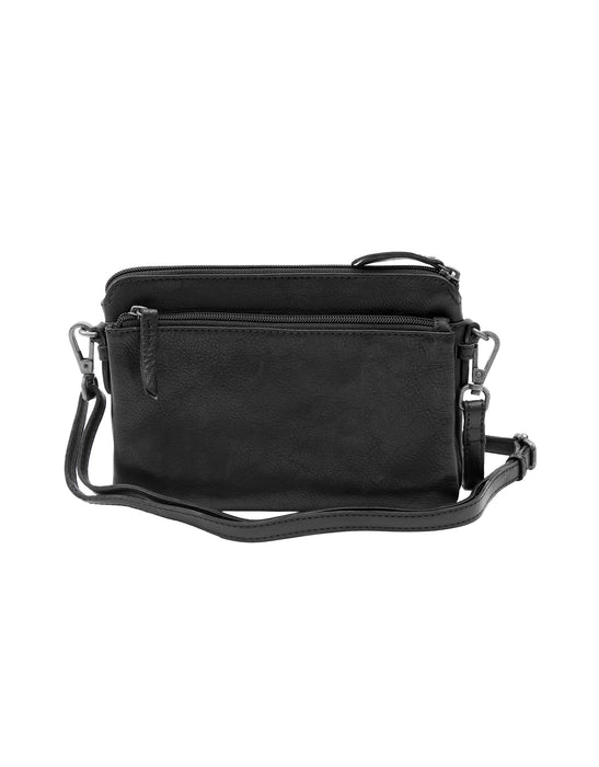 Small Leather Multi Zip Compartment Cross Body Bag - Black