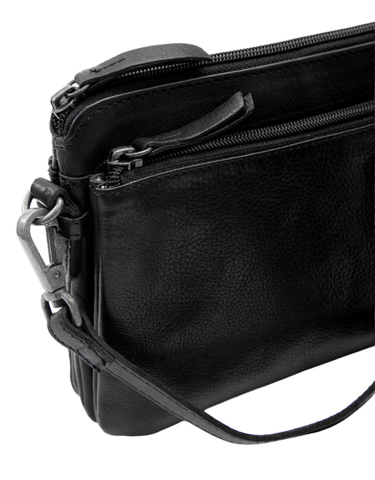 Small Leather Multi Zip Compartment Cross Body Bag - Black