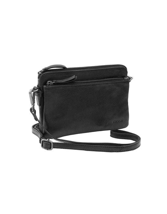 Small Leather Multi Zip Compartment Cross Body Bag - Black