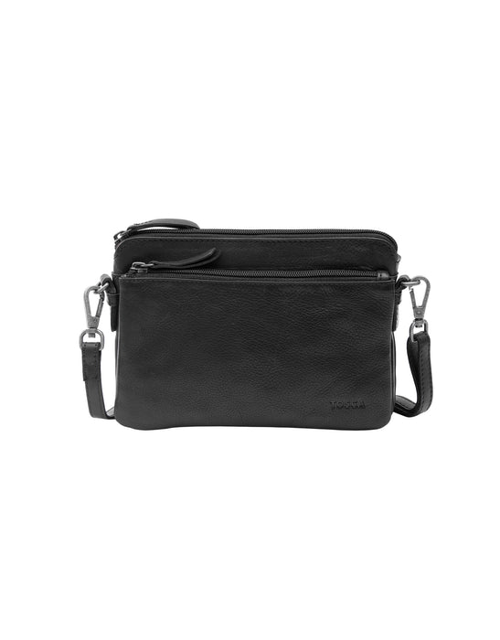 Small Leather Multi Zip Compartment Cross Body Bag - Black
