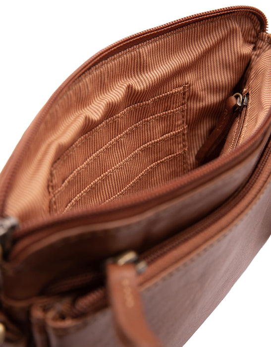 Small Leather Multi Zip Compartment Cross Body Bag - Tan