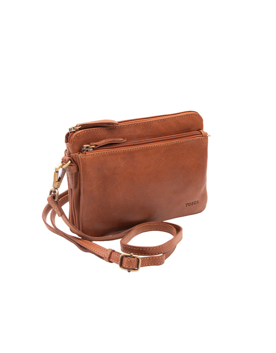 Small Leather Multi Zip Compartment Cross Body Bag - Tan