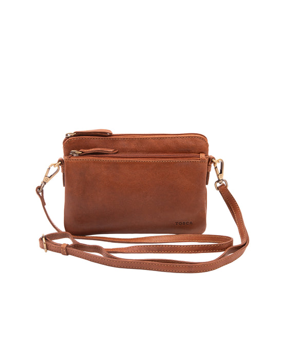 Small Leather Multi Zip Compartment Cross Body Bag - Tan