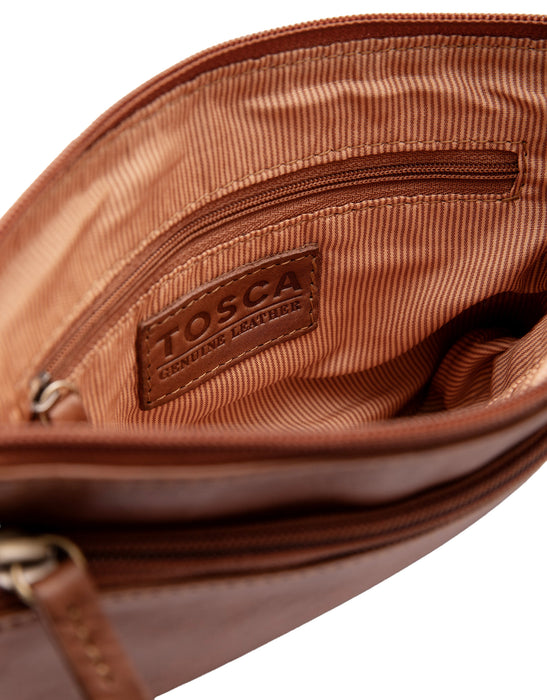 Small Leather Multi Zip Compartment Cross Body Bag - Tan