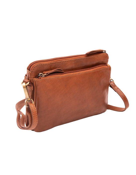 Small Leather Multi Zip Compartment Cross Body Bag - Tan