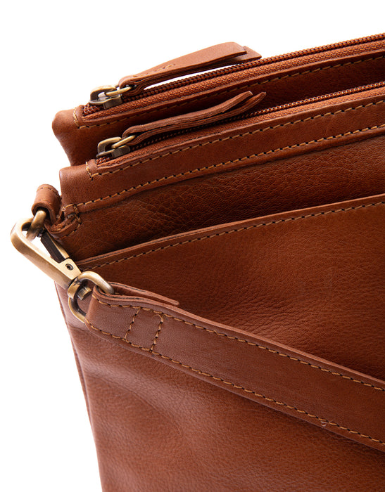 Leather Multi Zip Compartment Cross Body Bag - Tan