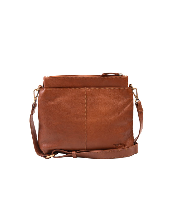 Leather Multi Zip Compartment Cross Body Bag - Tan