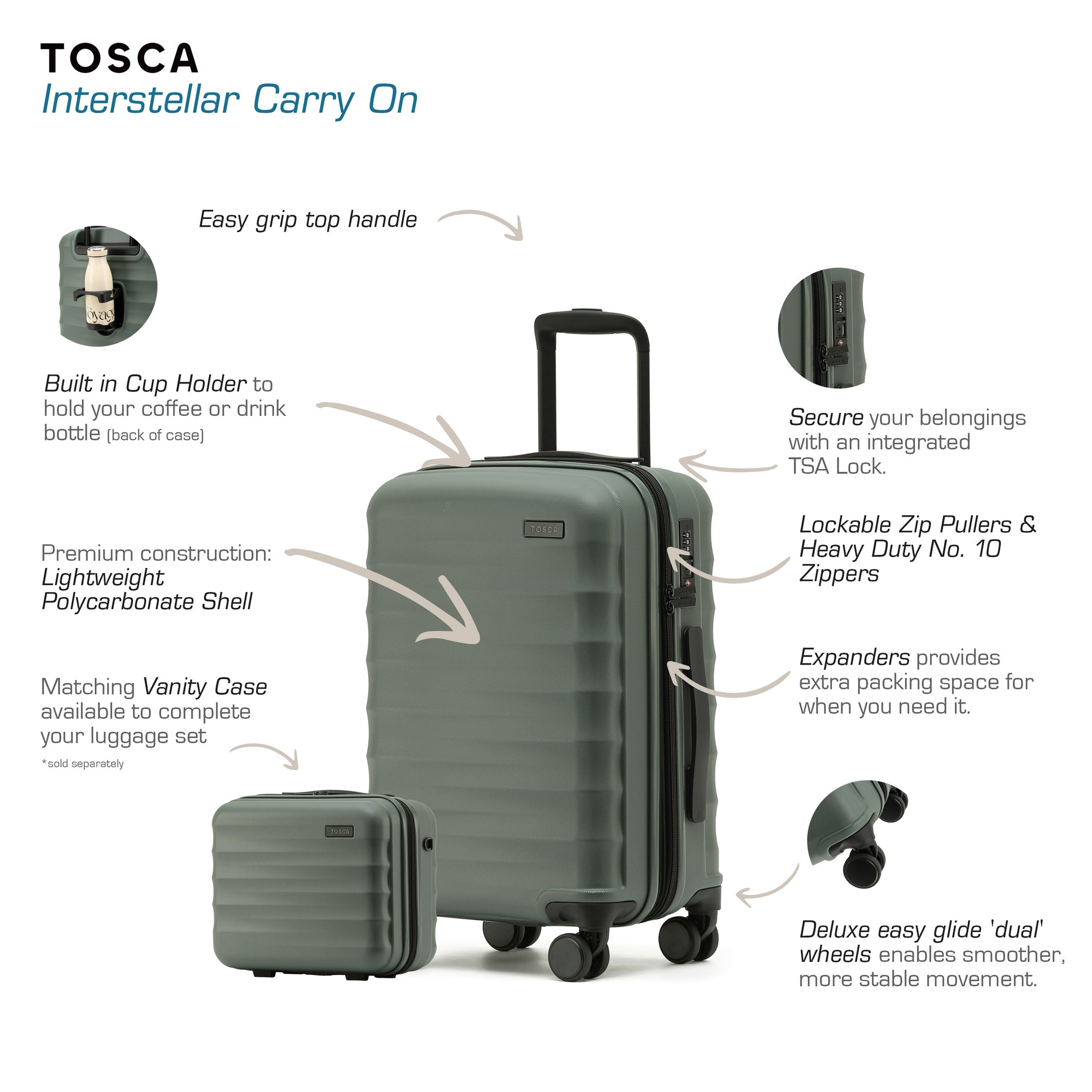 Interstellar 2.0 53cm Small Expandable Carry-On Hard Moss Green Suitcase