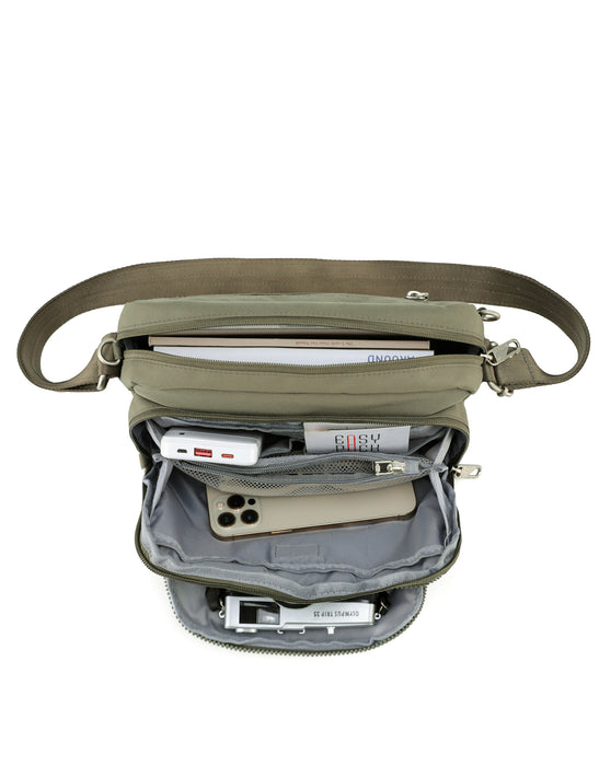 Anti-Theft Shoulder Bag with Triple Front Pockets - Khaki