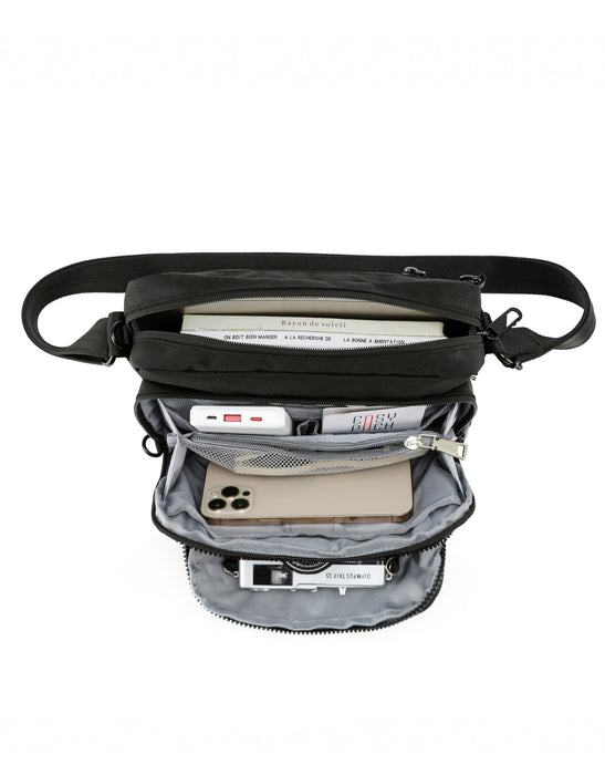 Anti-Theft Shoulder Bag with Triple Front Pockets - Black