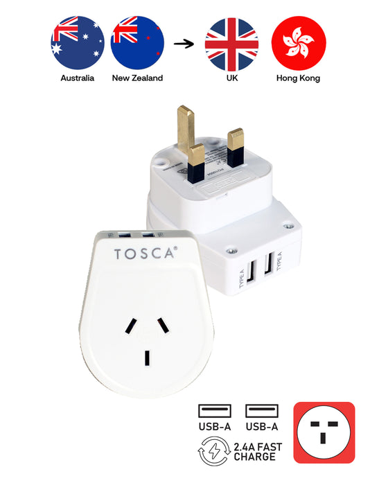 Travel Adapter with 2 USB Type-A Ports For UK & Hong Kong