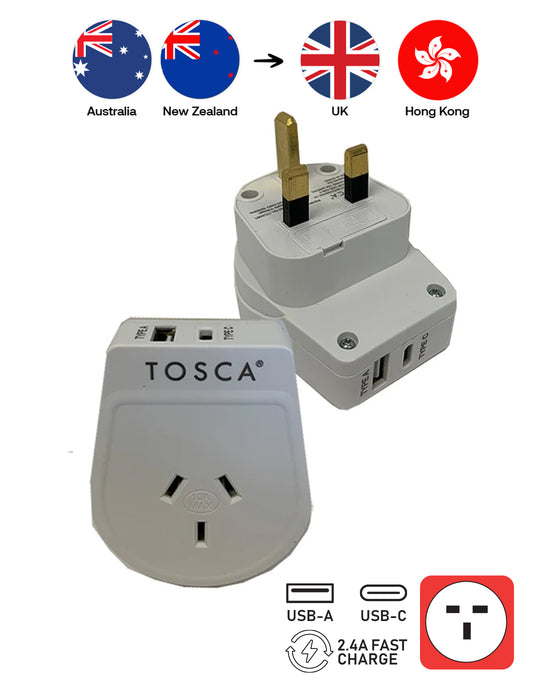 Travel Adapter with USB A+C Ports for UK & Hong Kong