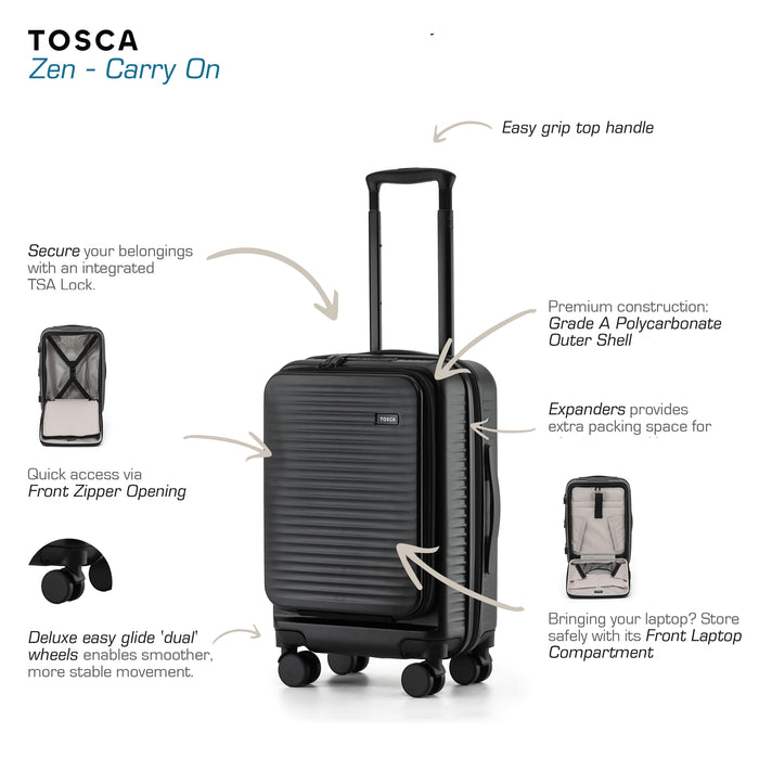 Zen 53cm Small Front Opening Hard Suitcase Carry On - Black