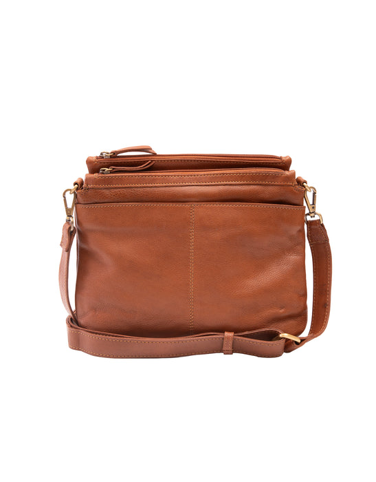 Leather Multi Zip Compartment Cross Body Bag - Tan