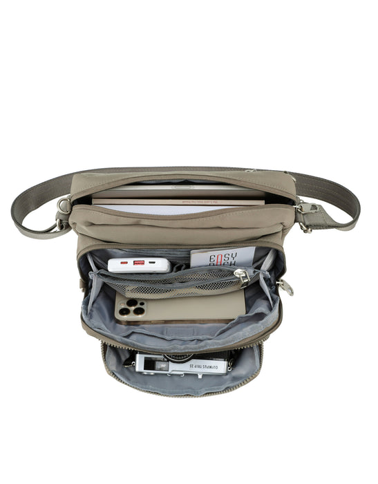 Anti-Theft Shoulder Bag with Triple Front Pockets - Taupe