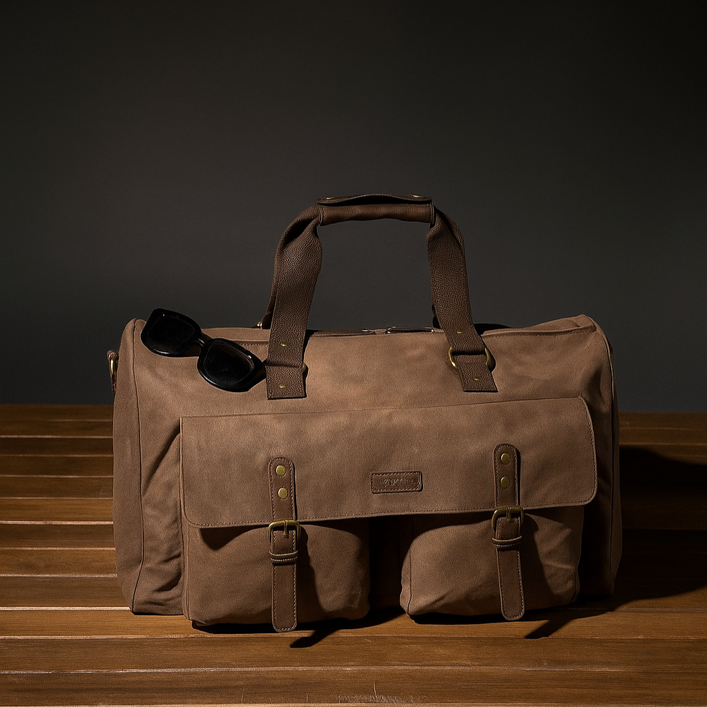Brown waxed canvas duffel bag on a wooden surface with a dark background